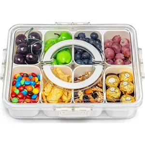 Air-Tight Snackle Box Container Divided Serving Tray with Lid & Handle Clear Snack box for Fruits Candy & Nuts Portable for Travel & Daily Use 8 Inside Containers Dishwasher Safe
