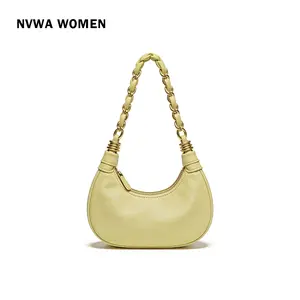 The Butter Crescent Bag - Chic Pastel Yellow Shoulder Purse Smooth Vegan Leather with Woven Chain Strap for Spring Summer cute hobo purse  casual plain design trendy all-match commuter bag