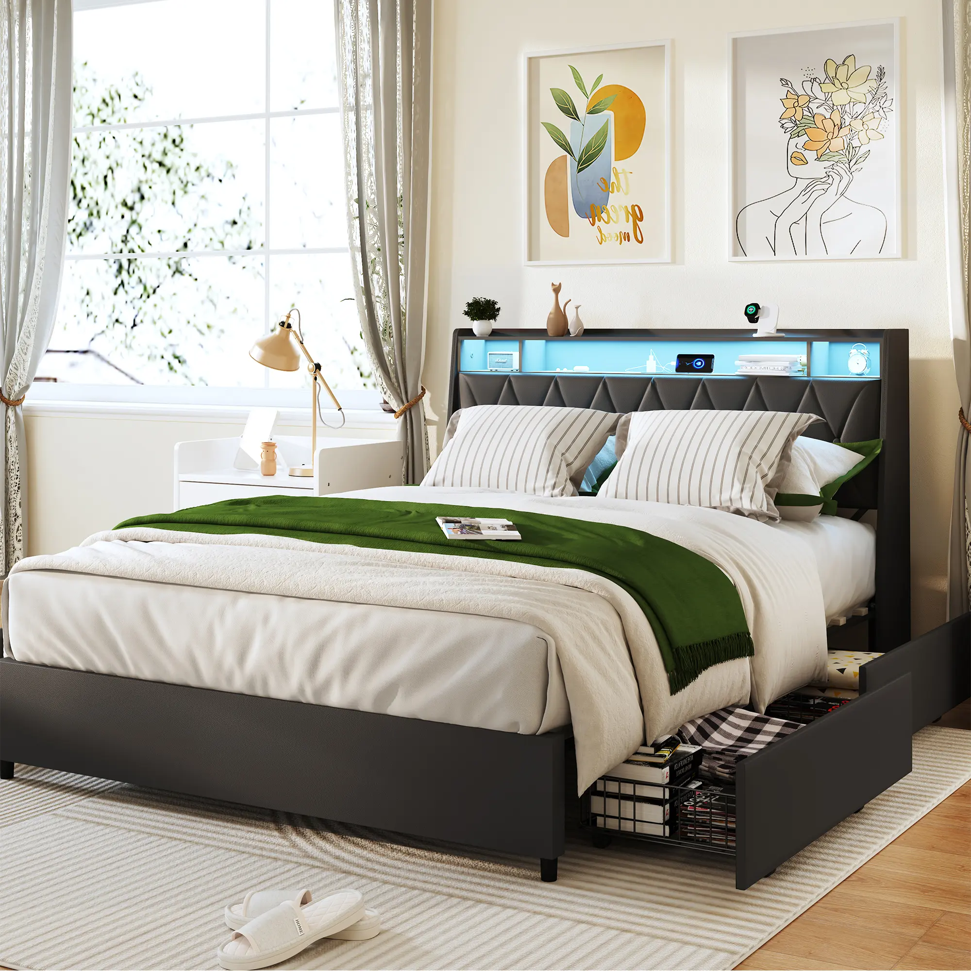 Queen Size Bed Frame with LED Light and 4 Storage Drawers, Faux Leather Upholstered Queen Platform Bed with Bookshelf Storage Headboard and Charging Station Type C, No Box Spring Needed (Black+LED, Queen)