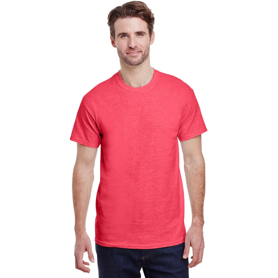Men's Heather Red Gildan Adult Unisex Plain Round Neck Short-Sleeve Tops - Seamless Heavy Cotton™ 5.3 oz. Polyester Casual T-Shirt