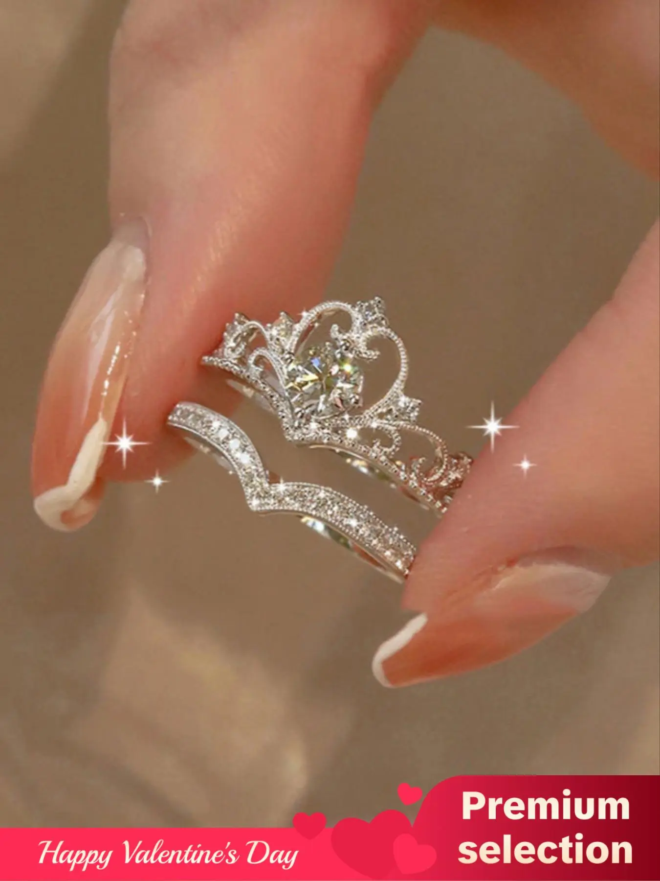 Proposal 2pcs/set Minimalist Elegant Plain Rhinestone Decor Crown Design Engagement Rings, Wedding Rings, Bridal Rings, Fashion Wishbone Ring Matching Rings Accessories for Women & Girls, Valentine's Day, Gift, Wedding Engagement Jewelry
