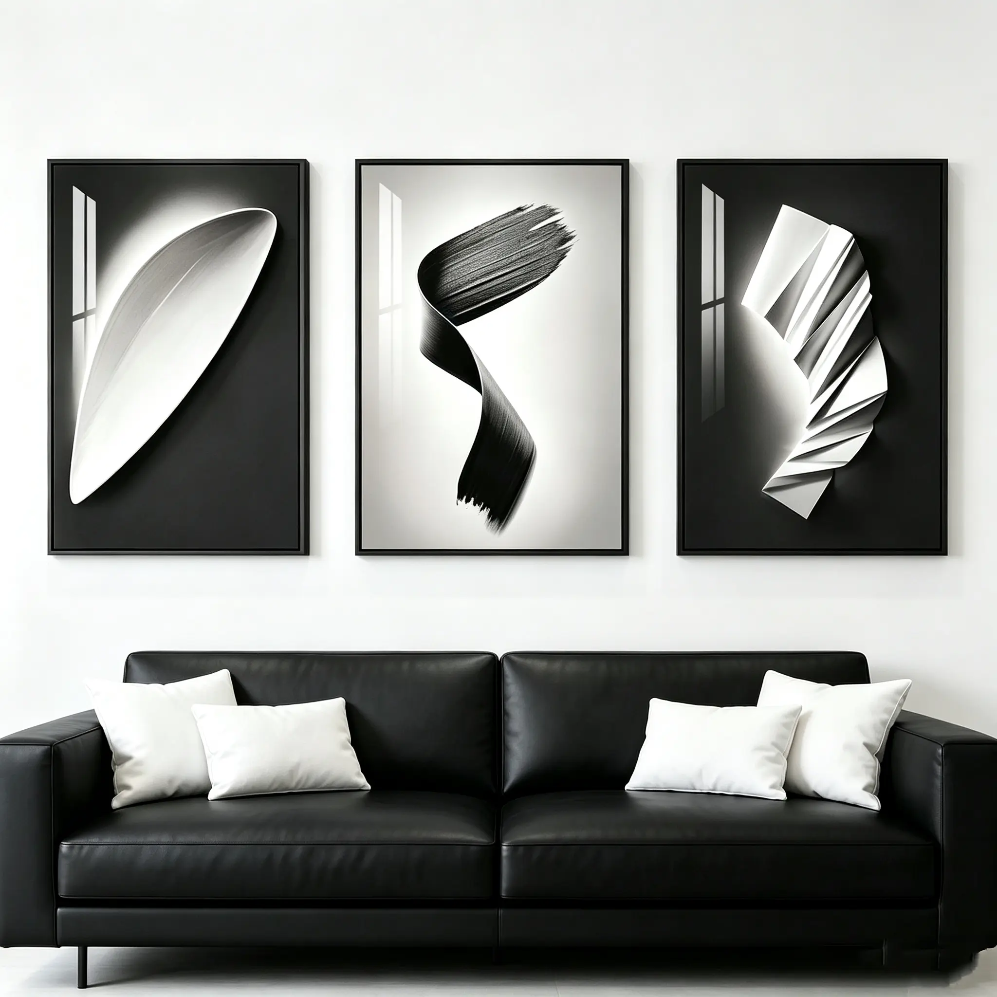 3-Panel Artistic Black & White Geometric Abstract Framed Canvas Prints Set - Large Modern Luxury Home Decoration for Living Room, Office