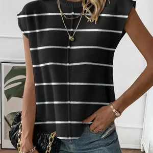 Women's Cap Sleeve Sweater Vest Crew Neck Sleeveless Casual Knit Tops 2025 Summer Clothes S-XXL Striped Fitted Gamis