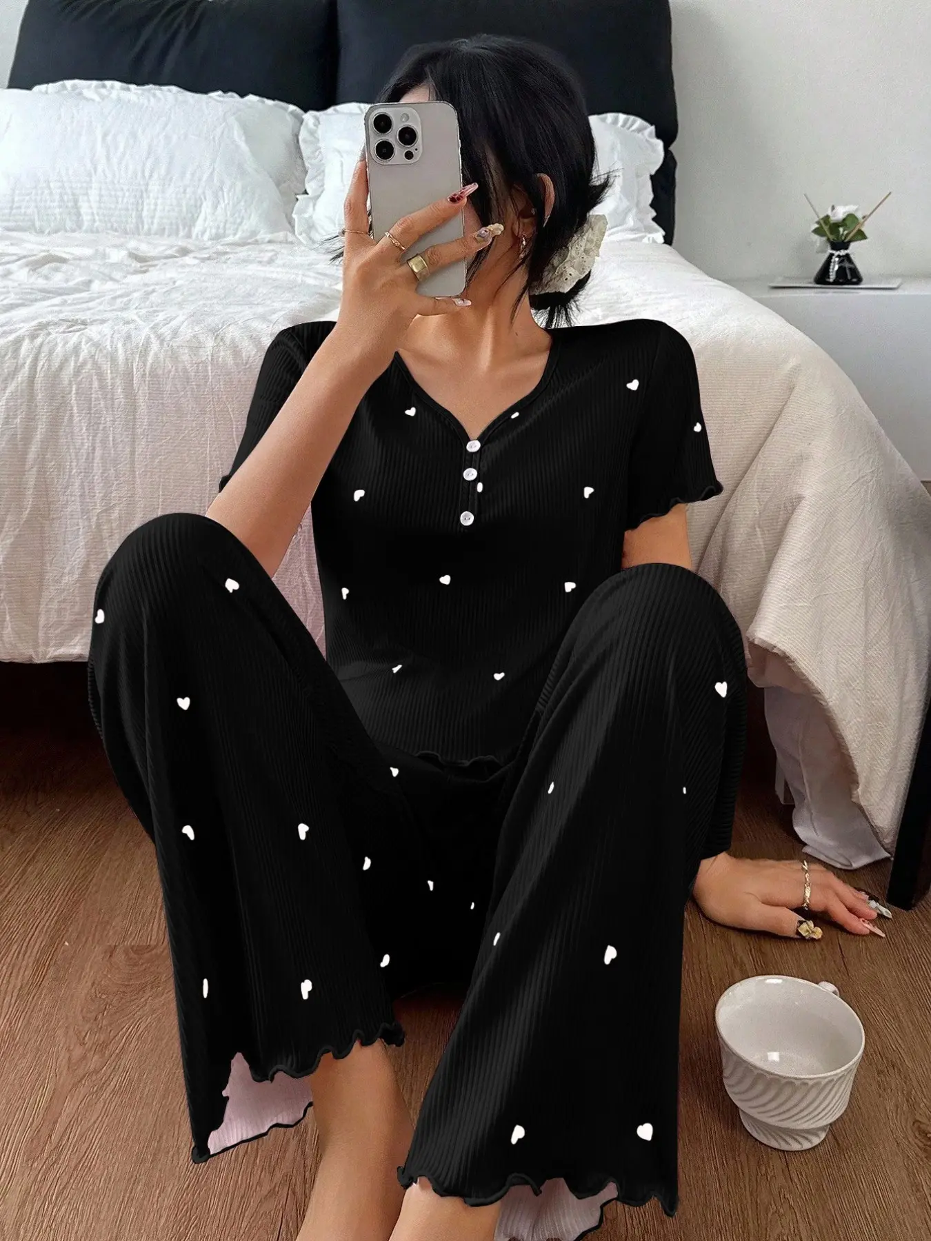 Spring Summer New Heart Print Women's Pajama Set, V Neck Front Button Design, Elastic Fabric, Comfortable Breathable Soft Skin-Friendly Loungewear Pjs Nightwear, Lounge Pajama Style
