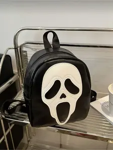 Women's Halloween Skull Print PU Mini Casual Lightweight Backpack Fashion Contrast Color Casual Daily Bag with Phone Pocket Small Size for Girls Party