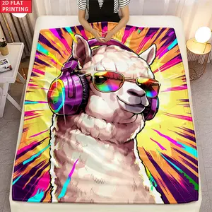 2D Flat Blanket with HD Print of Llama Musical Art, 1 piece. Soft and Warm Flannel Blankets for Travel, Camping, Sofa, Living Room, Armchair, Chair, Bed, Bedroom. Gift for Family or Friends 280g. Applicable to All Seasons., Flat 2D