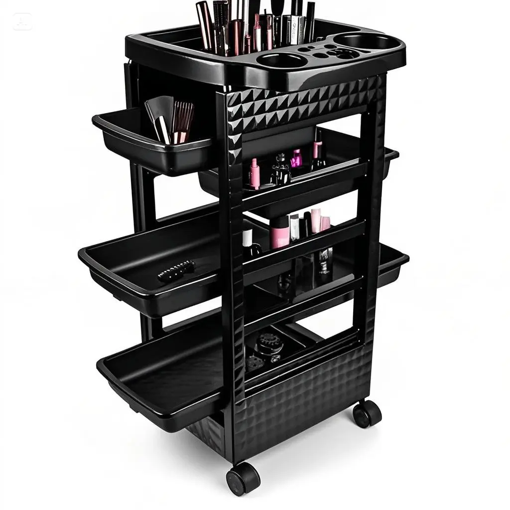 SummerVibes 5-Tier Rolling Beauty Cart – Black Salon Storage with 360° Wheel and 5 Shelves, Salon Organizer of Brush&Styling Tools, Professional Hair Stylist Cart