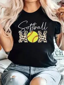 Softball Mom Print T-Shirt, Casual Crew Neck Short Sleeve Comfort Tee Top For Spring & Summer, Women's Clothing