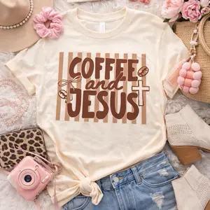 Coffee & Jesus Stripped Tee - Casual Short Sleeve T-Shirt with "Coffee and Jesus" Design, Ideal for Everyday Wear