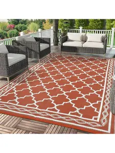Red and white - 9*18 feet Waterproof Outdoor Area Rug Modern Plastic Straw Camping Stain Resistant Carpet Geometric Reversible Floor Mat UV-Resistant Light Weight Portable Indoor Outdoor Area Rug For Backyard Deck Picnic Porch Beach RV Trip