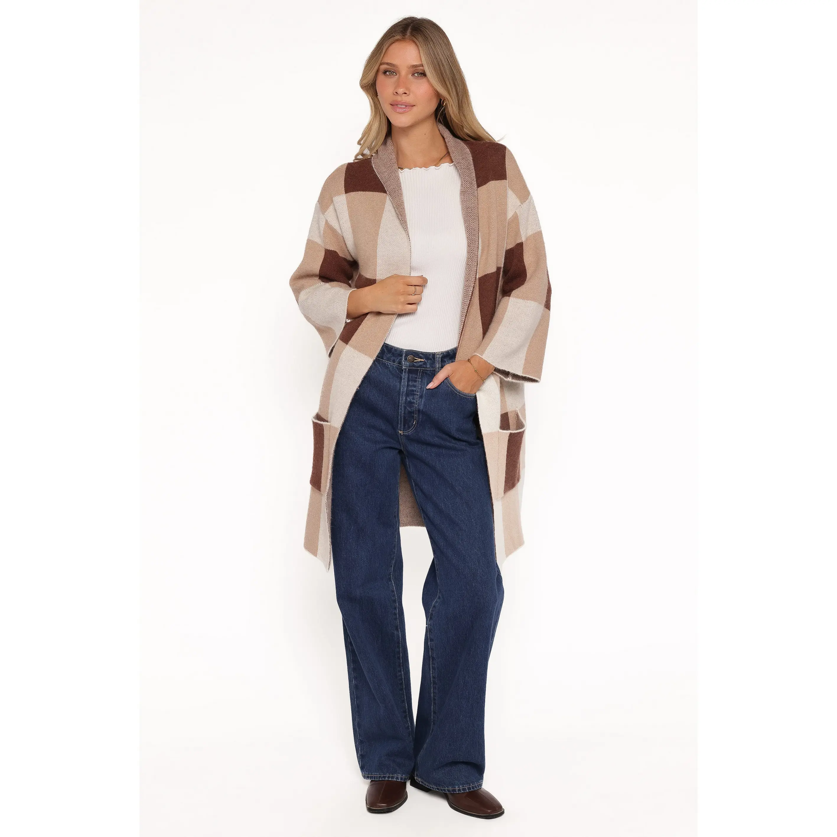 Ecoya Long Cardigan - Brown Plaid