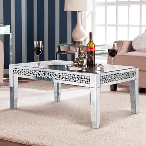 Glam Style Rectangle Coffee Table, Glass & Metal, Modern Luxury Mirrored, with Geometric Inlay, for Living Room & Office, No Wood, Electricity-Free