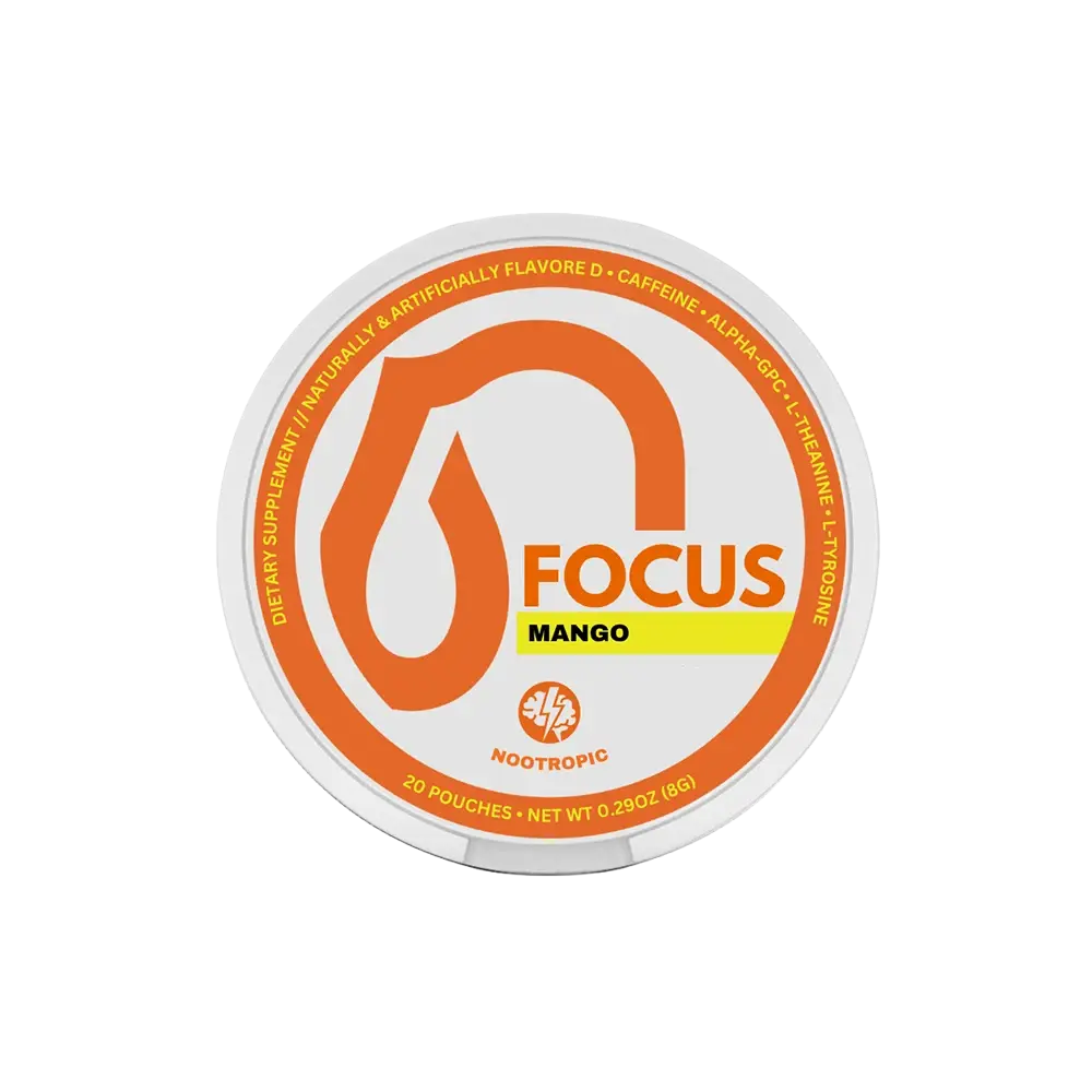 Mango - Focus+ Pouches - 320mg of Brain Boosting Ingredients - 16 Pouches Per Puck - Caffeine and Nootropic Blend - Energy and Focus Support