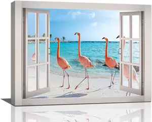 Flamingo Beach Bathroom Wall Art Tropical Palm Coastal Ocean Pictures Wall Decor Pink Flamingo 3D Window Canvas Prints Framed Modern Animals Painting Artwork for Bathroom Living Room Office 16"X12" Sps ssion