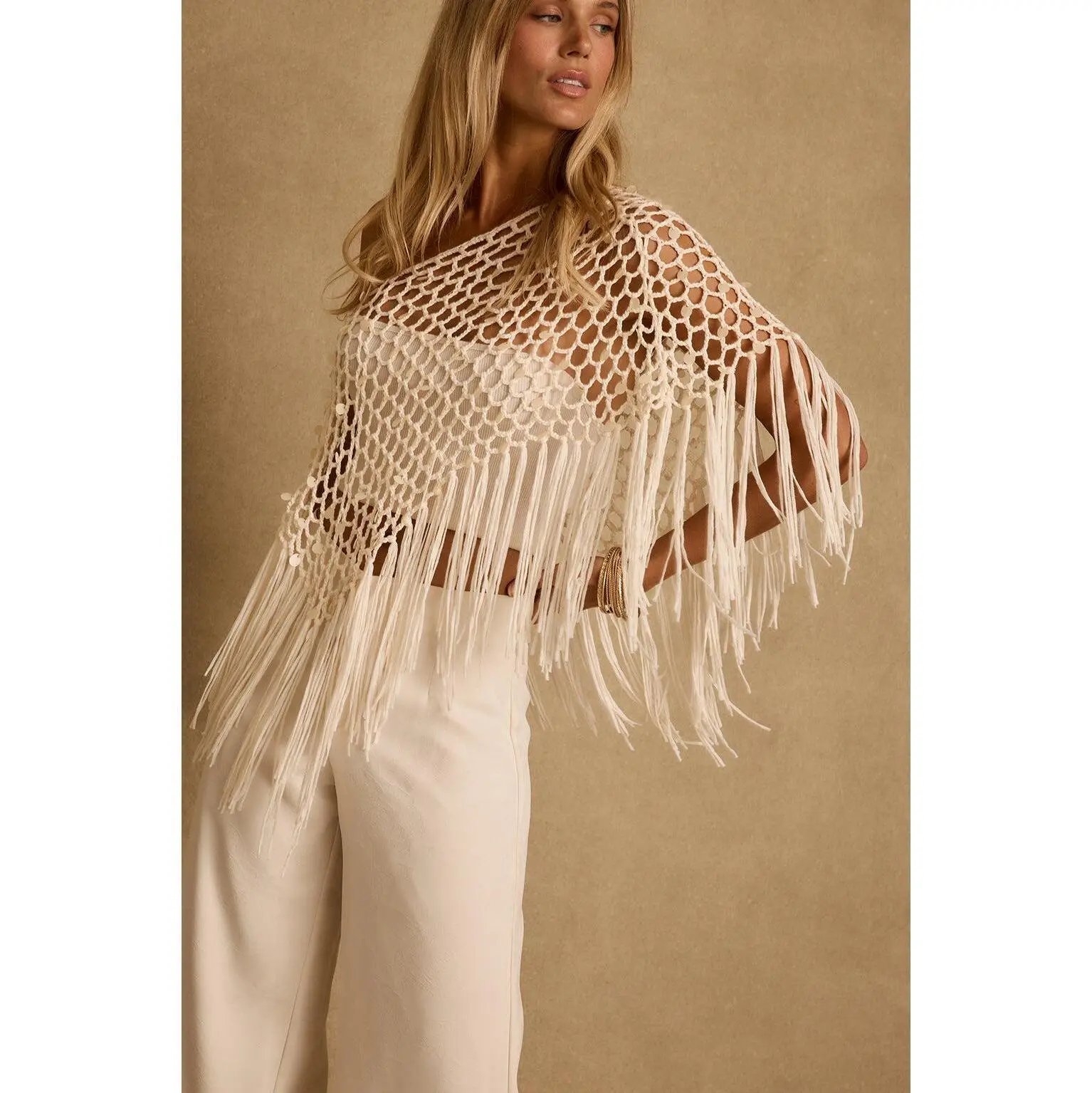 12th Tribe Rianne Ivory Sequin Crochet Shawl, All-Seasons Fashion Accessory