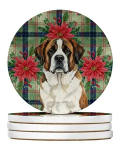 Carolines Treasures WDK8792RCS4 4 x 4 in. Brindle & White Saint Bernard Christmas Poinsettias Large Sandstone Coasters, Pack of 4