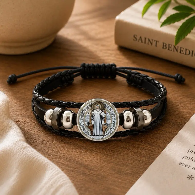 Pulsera trenzada con medalla san Benito, pulsera ajustable de cuero multicapa y cuencas para hombre y mujer