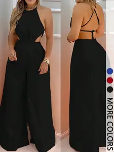 1 Piece Chic Solid Color Halter Neck Backless Cutout Wide Leg Jumpsuit for Women, Womenswear, Breathable Fabric, Party & Daily Wear, Contemporary Style