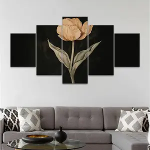 5 Counts Unframed Canvas Poster, Single Beige Tulip Flower Dark Background, Exquisite Poster, Perfect Living Room Decoration, Modern Art, Fashion Family Poster, Wall Art Decoration, Odorless, Waterproof, Artwork