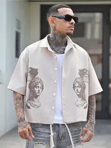 Men's Cream Casual Blouse, Unique Lake Flow Fashion, Roman Portrait Print, Simple Outdoor Striped Shirt, Comfortable