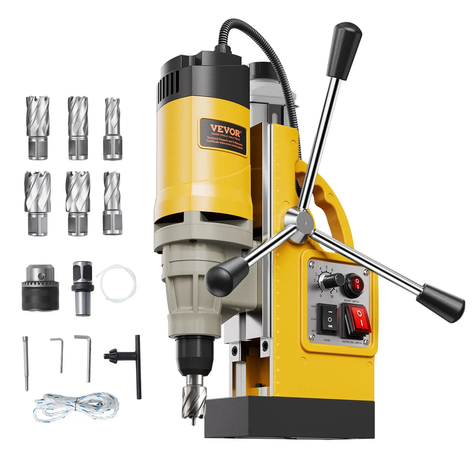 【DealsForYouDays】VEVOR Heavy Duty Magnetic Drill Press - 1450W Power Tool, 2878 lbf Mag Drill, 2 in Boring Diameter, 6 Bits, 10-Speed Gears, 3 Extended Cranks, Anti-Corrosion, Accurate & Efficient Operation, Yellow Tool for Mechanics, Tools