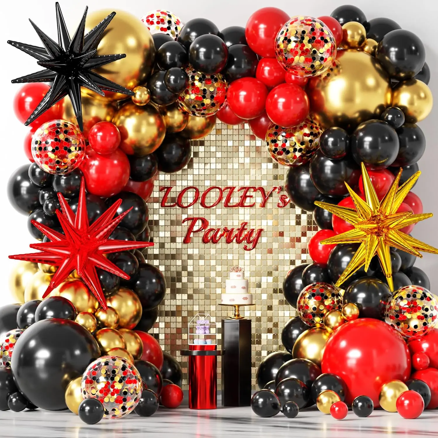 137Pcs Red Black Gold Balloon Garland Arch Kit - 5,10,12,18in Shiny Metallic & Confetti Latex Set with Stars, Backdrop for Father's Day, Hollywood Glamorous Decor, Birthday Supplies, Balloon Decor