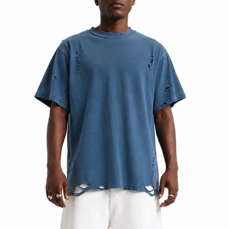 Washed Distressed T-Shirt Menswear in Vibrant Red and Blue Colors with Unique Distressed Details Tshirt Streetwear Shortsleeve Casual Crewneck
