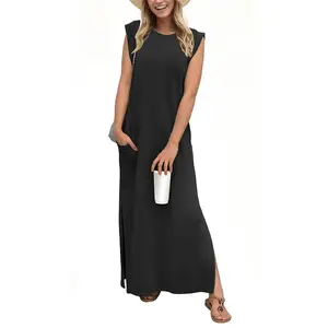 2026 Women’s Summer Round Neck Casual Loose Split Style Wrinkle-Free Long Vacation Dress with Pockets GARMENTARY