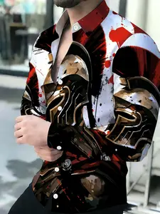 Men's Breathable Lapel Long Sleeve Cardigan Spartan Warrior Helmet Splatter Art Print Casual Streetwear Shirt