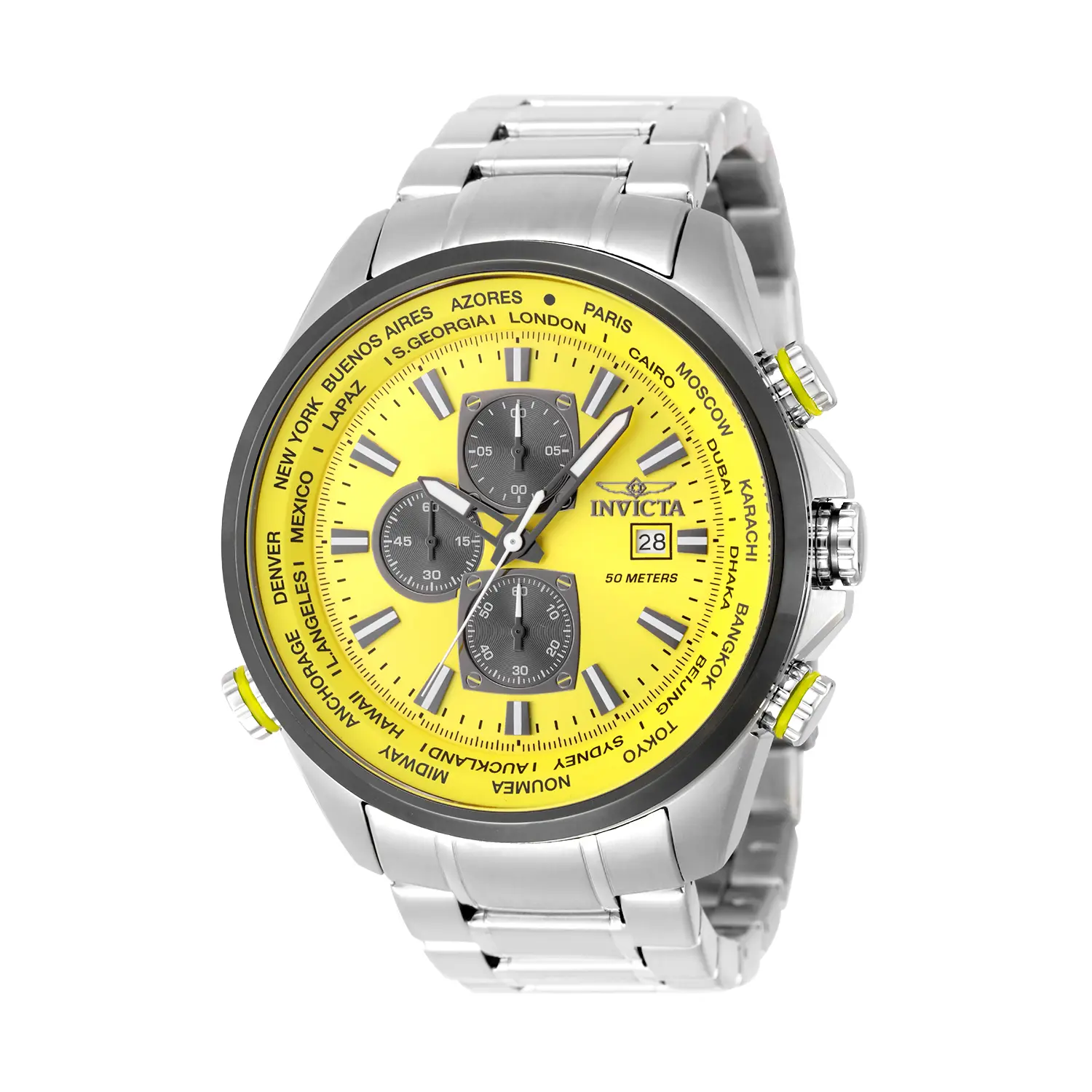 Invicta Aviator INTERCEPTOR 50mm Men's Watch Bright Yellow Brass Dial Gunmetal Chronograph Sub-Dials World Time City Ring Stainless Steel Bracelet Japanese Quartz VD57 Movement Yellow Accent Crown 50m Water Resistant Sport Pilot Watch