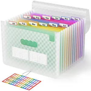 12 Pockets Accordion File Organizer Expanding File Folders, Portable Monthly Bill Receipt Document Organizer, Expandable Accordian Filing Folder Letter A4 Size, Colored Tabs