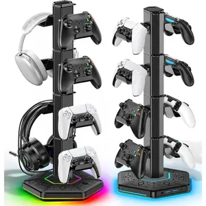 SQ-HPS013 Headset And Controller RGB Stand for Xbox/ PS5/ PS4 Controller, Headphone & Remote Holder for Desk with 9 RGB Lights & 2 USB 3.0 Ports, Gaming Organizers & Storage Accessories for Gaming Gift