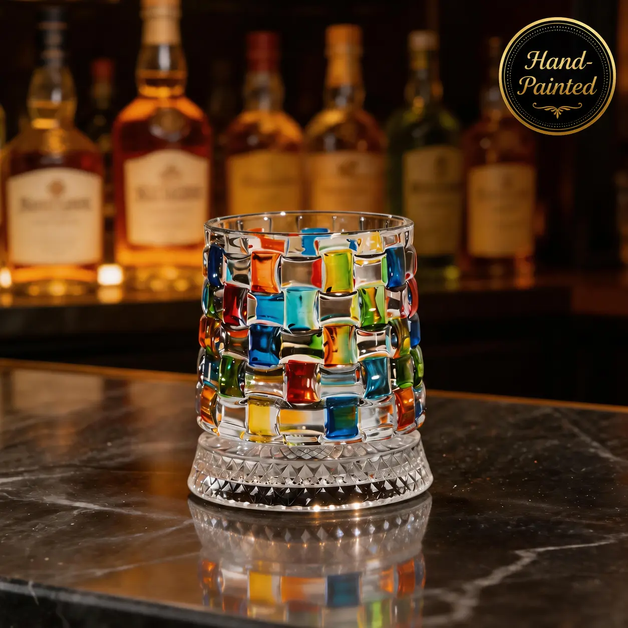 Hand-Painted Spinning Whiskey Tumbler Set - Premium Artisan Glassware, Luxury Embossed Crystal Round Tumbler, Smooth-Spinning Rock Glass for Bourbon, Unique Birthday Liquor Gift for Men