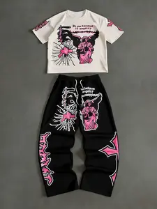 Angel Graphic 2-Piece Tracksuit Set | #tiktokshopblackfriday Deals | Pink & Black Print Streetwear Casual Sportswear Athleisure Wear Set | Comfortable Casual OOTD | #fallfashion #coordinateset #streetstyle Must-Have | Trendy Statement Design Outfit