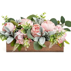 Pink Flower Centerpieces for Table, Pre-Made Artificial Peony Hydrangea Centerpieces for Dining Table Wood Fake Flowers Decorations for Wedding Living Room Office Bar Kitchen Table