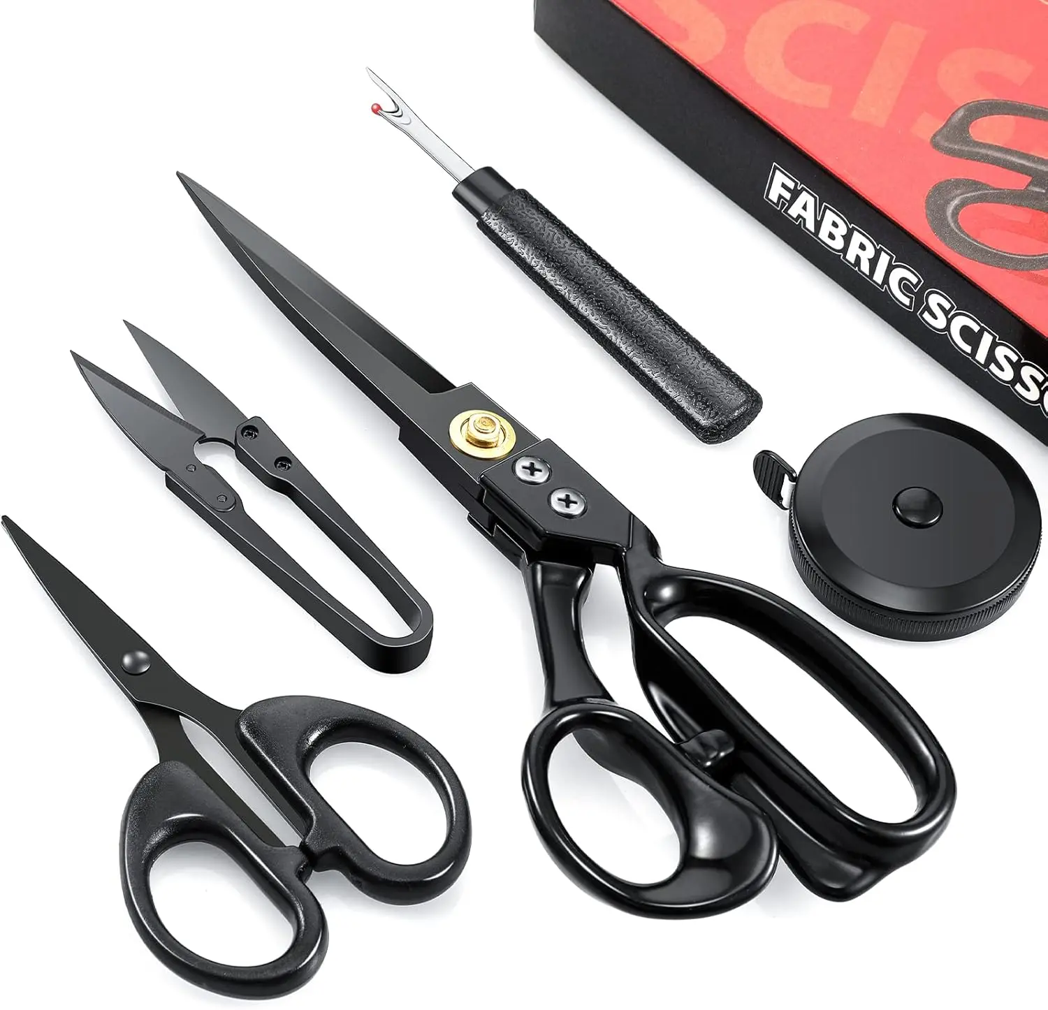5-Piece Practical Sewing Kit for Quilting, Everyday Home Use - 9-in Manganese Steel Fabric Cutting Scissors, Heavy-Duty Tailor Shears, Ergonomic Design Aluminum Alloy Handle, 60-in Tape Measure, Snips, Seam Tool