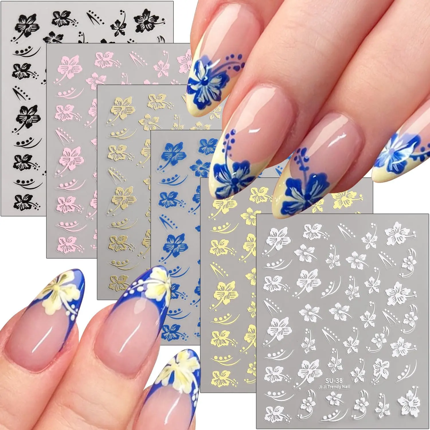 Flower Nail Stickers, 6PCS Flowers Nail Decals 3D Self-Adhesive White Pink Colorful Hawaiian Floral Sticker for Nails Cherry Blossom Nail Design Summer Decoration Manicure