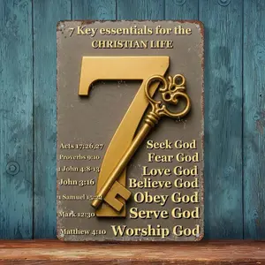 7 Key Essentials For The Christian Life 7 Golden Key Metal Sign - 8x12 Inch Retro Aluminum Wall Decor for Church, Sunday School - Religious Gift for Faith Growth