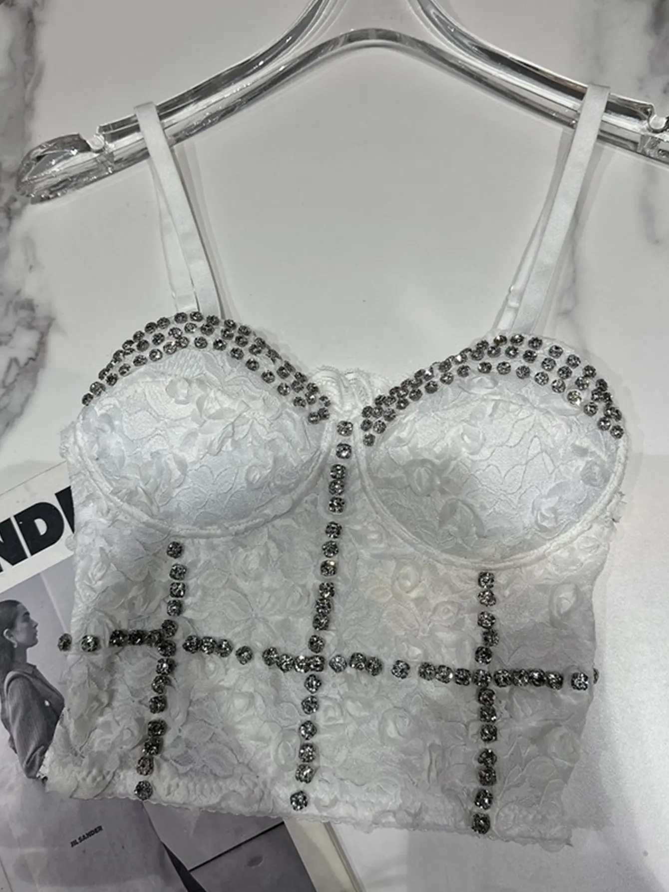 ASANDY Women's 3D Polyester Lace Bustier Top - Short Length, Short Sleeveless Spaghetti Strap, Structured Cut, Rhinestone Grid Gems, Ruffled Neckline, Crystal Accents, Machine Washable Elegant Chic Top - Ideal for Party, Date Night, Spaghetti Straps, Crys