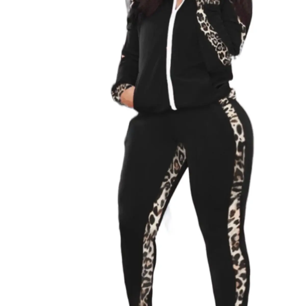 Plus contrast binding leopard print zip up jacket and pants set, mock neck long sleeve outerwear Womenswear Outfit Comfortable Elastic Black two piece Women's Crop