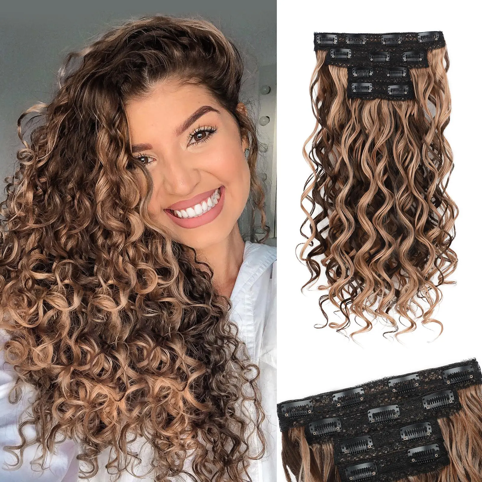 GEEOE Curly Clip In Hair Extensions,4PCS 20 inch Thick Curly Hair Extensions Lace Weft Clip Ins Invisible Natural Synthetic Hairpieces for Women