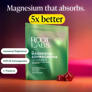 Root Labs Liposomal Magnesium + Ashwagandha Gummies with Beadlet Technology | 675mg Multi-Form Magnesium Salt, 200mg KSM-66 Ashwagandha, 26mg L-Theanine | High Bioavailability Gummies | Stress Relief, Sleep Support & Recovery | 60 Gummies (30 Servings)