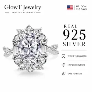 S925 Synthetic Large 5A Cubic ZirconiaHalo Engagement Ring with Fine CZ Decorated, Vintage Design Twisted Shank Ring, Elegant Fashion Jewelry Accessories Gift for Women