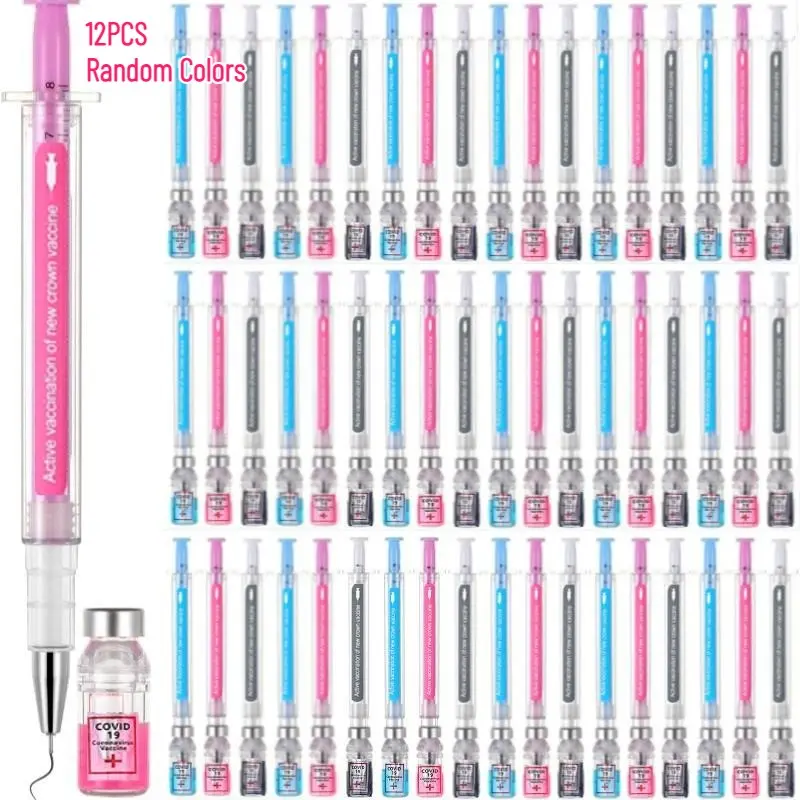 12 PCS Syringe Pens, 0.5mm Black Ink Gel Pen with Cap, Writing Pen, Multicolor Fun Imaginary Doctor Play Nurse Syringe Pen for Office Supplies, Party Favors Small Presents(White, Blue, Pink)
