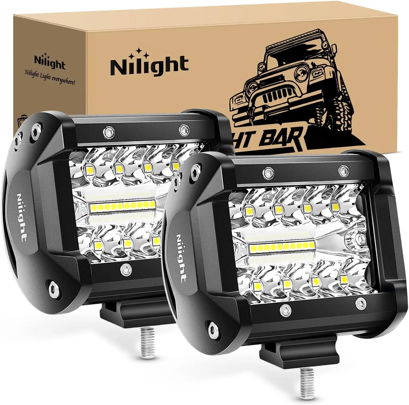 Nilight 2PC 4Inch 60W Aluminum LED Light Bars - Flood-Spot Combo Triple Row, Slide Mount Off-Road Driving Lamps for Van, Pickup, Light Bar Car Accessory