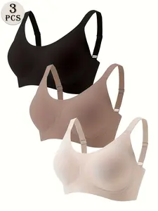 3-Pack Jelly Strip Soft Support Everyday Bras for Women, Wireless Underwire-Free Thin Lifted Seamless Breathable Padded Cups, Comfortable Lightweight Casual Lingerie