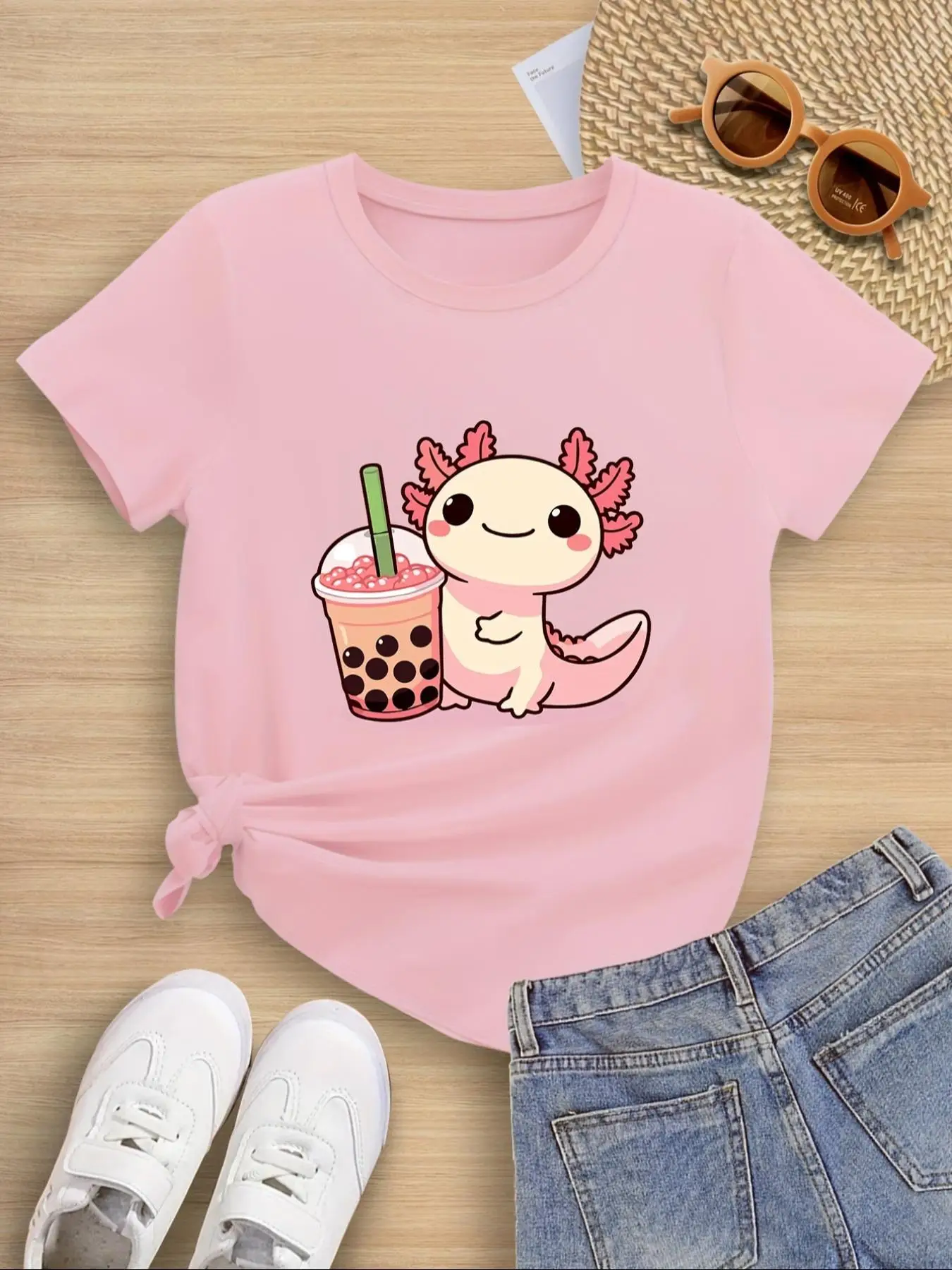 Cute Cartoon Lobster Print Round Neck Tee, Fashion Casual Short Sleeve T-shirt for Daily Outdoor Wear, Kids Clothing for Summer