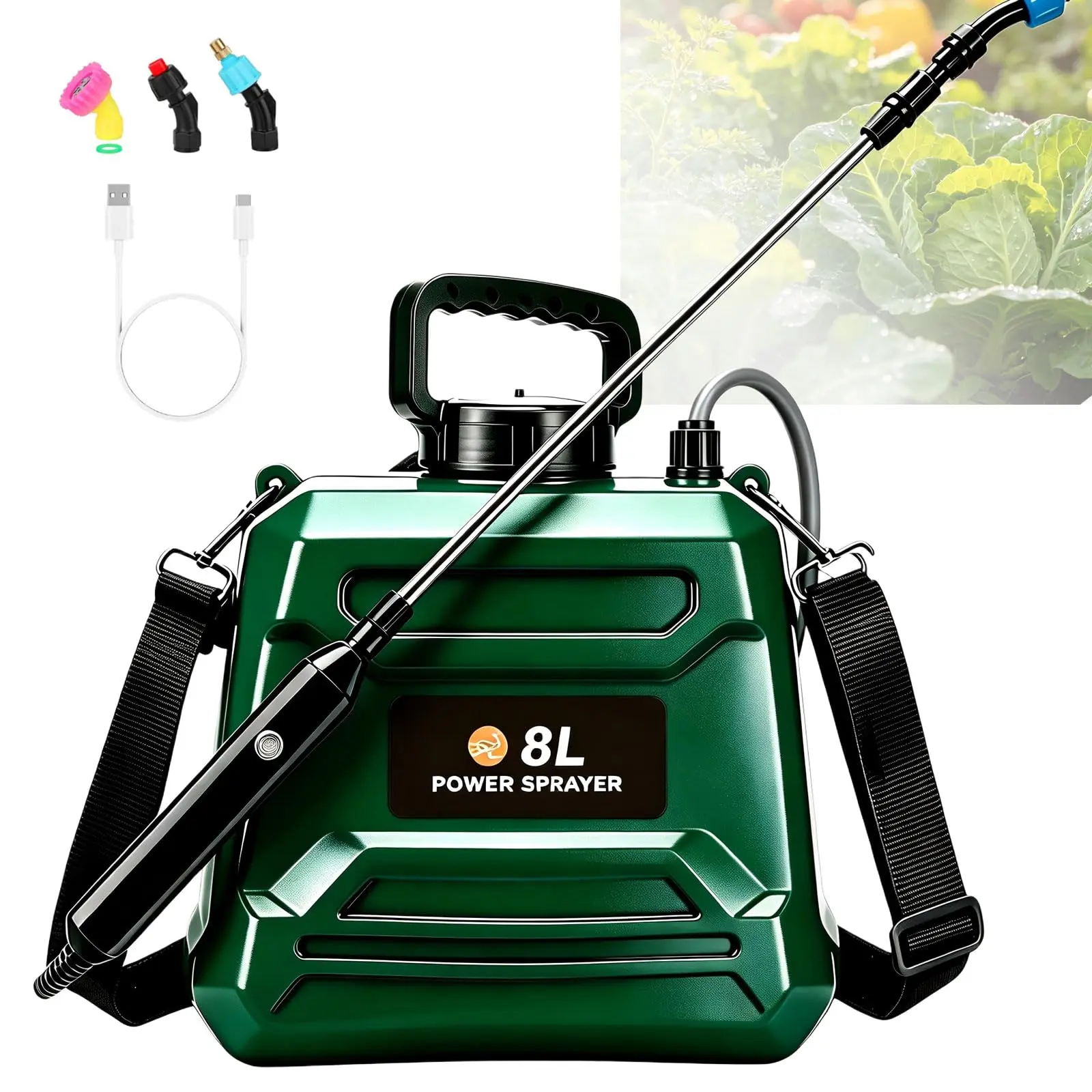 FURRELOR 2-Gal Battery-Powered Pressure Sprayer, USB Rechargeable Electric Weed Sprayer with Water Pump, Retractable Wand, 3 Fine Mist Nozzles, Adjustable Shoulder Strap, Hands-Free 0.5kg Customizable Spray Patterns Equipment for Lawn Watering