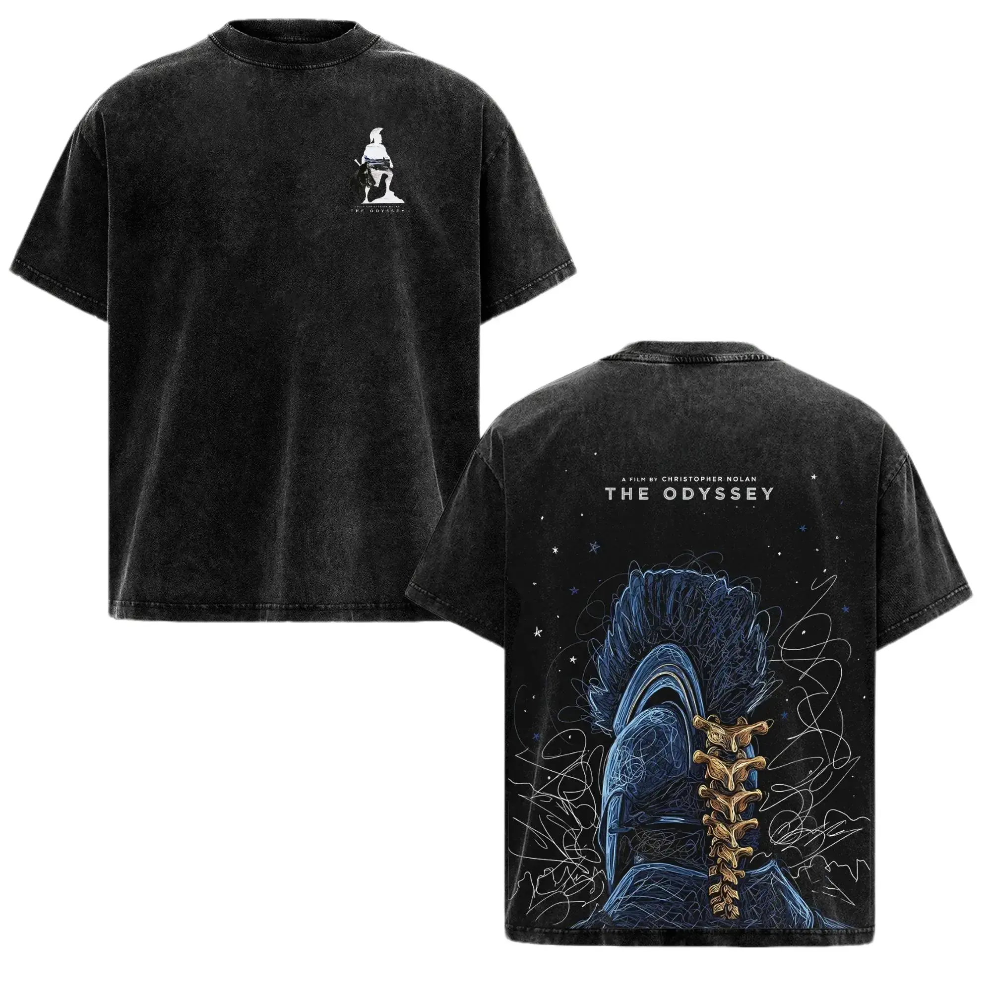[BT] Men's Casual Short-Sleeve Round Neck The Odyssey 2026 Vintage Washed Heavy Cotton Oversized T-Shirt, Greek King Spartan Warrior Graphic Mythology Streetwear Unisex Movie Merch Top for Fans, Shortsleeve