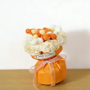 Handmade Knitted Flower Bouquet | "Best wishes" Gift Tag | Orange & White Cotton Flowers | Perfect for Graduation/Birthday/Christmas/Anniversary | Cozy Room Decor |